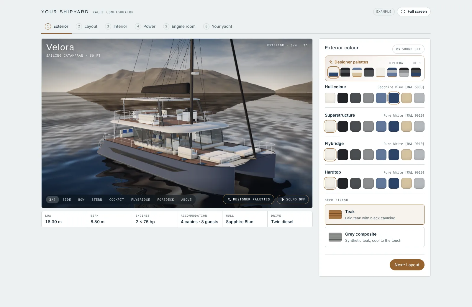 Example yacht configurator built by Aurelia